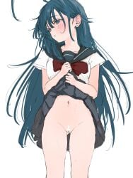 ass_visible_through_thighs averting_eyes bar_censor black_sailor_collar black_skirt blue_eyes blue_hair blush bow bowtie breasts censored cleft_of_venus clothes_lift collarbone commentary_request cowboy_shot dark_blue_hair female highres lifting_own_clothes long_hair looking_to_the_side medium_breasts miniskirt navel no_panties original parted_lips pleated_skirt pussy red_bow red_bowtie sailor_collar school_uniform serafuku shirt simple_background skirt skirt_lift solo ukitaryu very_long_hair white_background white_shirt