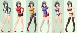 1girls aiko_yumi bare_arms bare_legs bare_shoulders bare_thighs barefoot big_breasts black_eyes black_hair black_lace_bra black_lace_panties black_lace_stockings blue_one-piece_swimsuit blushing_at_viewer cleavage curvy glasses hairclip hi_res high_boots high_heels huniepop innie_belly_button japanese_female miniskirt nearly_nude red_lipstick red_sweater sexy_pose smiling_at_viewer teacher