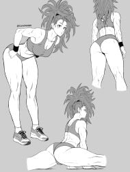 1girls absurd_res ass captain_mizuki carlx945380 grey_background greyscale hi_res monochrome one-punch_man ponytail shorts simple_background splits sports_bra twitter_username