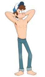 1boy accurate_art_style aged_up arms_behind_head arms_up barefoot black_eyes blush brown_hair cartoony colored curly_hair digital_drawing_(artwork) digital_media_(artwork) dipper_pines feet flexing_arms gravity_falls hairy_armpits hat hotfiresu human jeans looking_away male male_nipples male_only manly muscular_male nipples no_shoes not_ai_generated safe safe_for_work shaded short_hair shy stubble thin_waist toony topless topless_male wearing_hat white_background