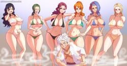 1boy alvida bell-mere big_ass big_breasts bikini curvy curvy_body curvy_female kaya_(one_piece) makino monkey_d_luffy multicolored_hair multiple_girls musaed_art one_piece scar scar_on_chest shounen_jump smile thick_thighs wide_hips