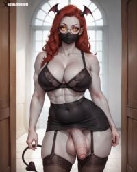 1futa abs ai_generated devil futa_only futanari glasses horns looking_at_viewer sinister_ai skirt solo stockings succubus tail