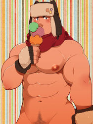 abs bara bara_tiddies bara_tits big_breasts big_chest big_pecs blush busty cute eating fingerless_gloves frown gigantic_chest gigantic_pecs grey_eyes hat huge_chest huge_pecs ice_cream large_pectorals looking_at_viewer male_only man_boobs man_breasts massive_chest massive_pecs moobs muscular nipple_holes nipple_slits nipples pecs scarf solo takezamurai tan_skin treasure_trail yaoi