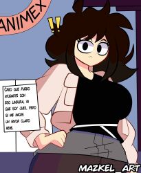 !! 1girls big_ass big_breasts brown_hair female female_focus female_only fully_clothed looking_at_viewer mazkel_art original spanish_text translation_request