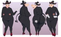 absurd_res anthro areola ass bedroom_eyes big_breasts big_butt boolishclara bovid bovine breasts cattle clarabelle_cow clothing disney female footwear hand_on_butt hi_res high_heels mammal narrowed_eyes navel pinup pose seductive shoes smile thick_thighs