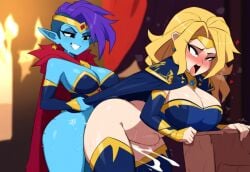 2d ai_generated blonde_hair blue_body blue_eyes cape cleavage cum duo elf fantasy futa_on_female futanari grin large_breasts moaning mullon original queen rolling_eyes sex stomach_bulge sweat thick_thighs