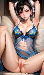 ai_generated armpit armpits blue_nightgown blush blushed blushed_face capcom chun-li chun-li_(cosplay) chun_li comfyui female female_focus female_only hair_buns hands_behind_head hands_behind_own_head labia labia_majora labia_minora legs_apart legs_open nightgown one_leg_up open_legs posing posing_for_picture posing_for_the_viewer red_lips red_lipstick rednach91 shaved_armpit shaved_pussy sitting sitting_on_couch sitting_on_sofa sitting_position spread_legs stable_diffusion street_fighter video_game video_game_character video_game_franchise video_games vulva vulva_line woman_focus woman_only