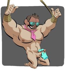 balls bara boner bound_wrists disembodied_hand erection eugene_garcia handjob male male_only muscles muscular necktie nude ok_k.o.!_let's_be_heroes on_knees penis posduroo sunglasses