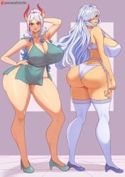 2girls ass ass_vs_breasts big_ass big_breasts big_butt breasts bubble_ass bubble_butt charlotte_smoothie curvy fat_ass fat_butt female female_only flower hair_over_one_eye huge_ass huge_butt lips long_legs musaed_art one_piece tattoo thick_ass thick_thighs yamato_(one_piece)