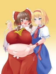 alice_margatroid bbw belly_grab belly_overhang big_belly big_female blush chubby chubby_female embarrassed fat fat_ass fat_female fat_fetish fat_girl fat_woman fatty grabbing_belly grabbing_stomach large_female nerizou obese obese_female overweight overweight_female pig plump pork_chop reimu_hakurei squeezing_stomach thick_thighs touhou tubby weight_gain