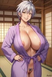 1girls ai_generated areolae bathrobe big_breasts cleavage dojo earrings exposed_breasts eyelashes hairy_pussy huge_breasts looking_at_viewer manyuu_hikenchou manyuu_kagefusa massive_breasts milf nude posing revealing_clothes self_upload silver_hair smiling stable_diffusion standing thick unclego yellow_eyes