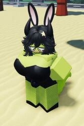 1futa 3d alien alien_girl big_breasts black_hair blush bunny_ears bunnysuit clothed clothing dominika_(malenkayakoshka) erect_penis erection furry futanari green_skin gynomorph huge_breasts in-game intersex low_quality malenkayakoshka penis_under_clothes roblox screenshot