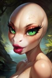 ai_generated alien alien_girl alien_humanoid eyelashes female female_only freckles green_eyes no_hair puffy_lips