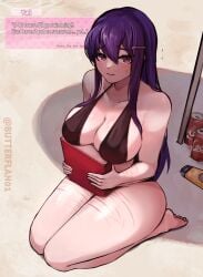 beach bikini busty busty_female butterflan01 doki_doki_literature_club female female_focus female_only flustered hourglass_figure large_breasts looking_at_viewer looking_up no_visible_genitalia nonsexual pinup safe_for_work scars_on_arm scars_on_thighs sfw shy solo_female solo_focus suggestive sweat tasteful_nudity yuri_(doki_doki_literature_club)