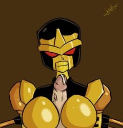 1boy 1girls beast_wars big_breasts blackarachnia boobjob breasts helmet paizuri penis penis_between_breasts precum red_eyes redartist titjob transformers