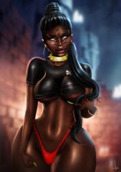 1girls bare_thighs big_breasts bikini_bottom busty ebony_(oc) highleg_panties hips imvu lasgaclaven midriff navel no_pants panties pear_shaped piercings red_panties second_life solo string_panties t-shirt thick_thighs thin_arms thin_waist underboob wide_hips