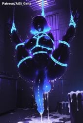ai_generated aist_ balls big_balls big_breasts big_penis big_testicles big_thighs black_body black_face blue_penis bob_cut bondage breasts cum cum_drip cumming dripping ejaculation faceless female futanari glowing_genitalia glowing_penis huge_breasts huge_cock intersex open_mouth penis precum suspension testicles tongue tongue_out