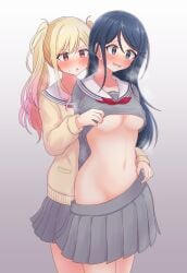 2girls black_hair blonde_to_pink_hair blue_eyes blush bow breasts cardigan chiaki_himanagi hoshino_ichika_(project_sekai) long_hair masurao19 miyamasuzaka_girls'_academy_school_uniform navel no_bra no_panties project_sekai red_bow red_eyes school_uniform shirt shirt_lift skirt skirt_pull tenma_saki twintails two_tone_hair underboob yuri