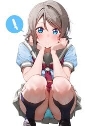 ai_generated blue_eyes brown_hair female legs love_live! love_live!_sunshine!! panties school_uniform schoolgirl serafuku short_hair skirt squatting thighs upskirt upskirt_view watanabe_you