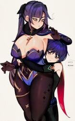 1boy1girl big_breasts bigger_female blue_hair blush cleavage clothed from_behind genshin_impact hugging_from_behind memeh milf mommy mommy_kink mona_(genshin_impact) offering_sex purple_hair pussy_visible_through_clothes scaramouche_(genshin_impact) shorter_male smaller_male taller_girl thick_thighs twintails