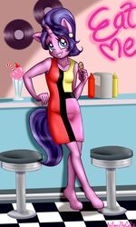 1girls anibaruthecat black_tail blue_eyes clothed cookie cookie_crumbles_(mlp) dinner dress eye_contact female female_only friendship_is_magic furry furry_only horn humanized looking_at_viewer looking_away multicolored_tail my_little_pony pink_fur pink_skin pony ponytail purple_hair purple_tail smile solo tail teeth text watermark