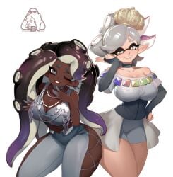 2girls alternate_costume black_hair grand_festival_(splatfest) inkling large_breasts little_blood marie_(grand_festival) marie_(splatoon) marina_(grand_festival) marina_(splatoon) multicolored_hair octoling official_alternate_costume splatfest splatoon splatoon_3 team_past_(splatfest) team_present_(splatfest) tits white_hair wink