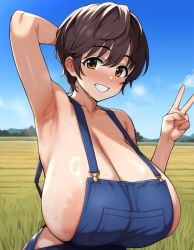 ai_generated bakaai big_breasts breasts brow brown_hair cleavage collarbone denim_clothing female huge_breasts idolmaster idolmaster_cinderella_girls large_breasts light-skinned_female light_skin oikawa_shizuku overalls solo