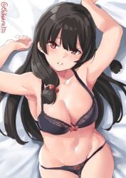 1girls armpits black_bra black_hair black_panties blunt_bangs bow bow_bra bow_panties bra breasts cleavage commentary_request ebifurya female from_above hair_ribbon highres isokaze_(kantai_collection) kantai_collection large_breasts long_hair looking_at_viewer lying navel on_back panties parted_lips red_eyes ribbon solo stomach thighs tress_ribbon underwear underwear_only