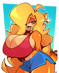 1girls anthro bandicoot big_breasts blonde_hair cleavage cleavage_cutout crash_(series) curvy earrings eyeshadow green_eyes hair_over_one_eye huge_breasts large_breasts legendofnerd shirt short_shorts shorts solo_female tawna_bandicoot thick_thighs top_heavy voluptuous voluptuous_female wide_hips wumpa_fruit