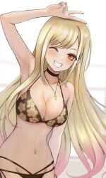 1girls ;d arm_up armpits barbell_piercing bikini black_bikini black_choker blonde_hair bracelet breasts choker cleavage collarbone commentary cowboy_shot ear_piercing earrings female floating_hair floral_print glint grin gyaru halterneck happy highres jewelry kitagawa_marin leaning_forward long_hair medium_breasts multi-strapped_bikini_bottom necklace one_eye_closed piercing print_bikini red_eyes revision sasasa_r_23 side-tie_bikini_bottom simple_background smile solo sono_bisque_doll_wa_koi_wo_suru string_bikini swept_bangs swimsuit v v_over_head very_long_hair white_background