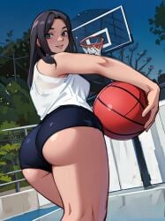 ai_generated ass ass_focus ball basket basketball black_eyes black_hair black_shorts dat_ass fat_ass female from_behind grettel_zavala holding holding_ball legs long_hair non-web_source original shorts smile solo thick_thighs thighs