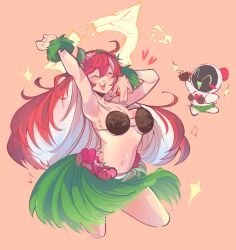 1girl arm_up breasts broken_halo closed_eyes coconut_bra coconut_cup dancing grass_bracelet grass_skirt guilty_gear guilty_gear_strive halo hand_on_own_face heart highres hula jack-o'_valentine long_hair multicolored_hair plutonium_(artist) red_hair stomach tropical white_hair