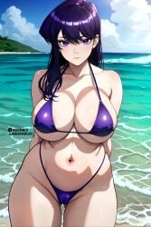 ai_generated beach big_breasts bikini breasts komi-san_wa_komyushou_desu komi_shouko ocean purple_clothes purple_eyes purple_hair pussy tight_clothing waifu water