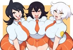 3girls after_oral ai_generated black_hair cum cum_in_mouth huge_breasts large_breasts mullon naranja_academy_school_uniform novelai open_mouth peace_sign pokemon pokemon_sv school_uniform schoolgirl short_hair smile thick_thighs tongue tongue_out voluptuous white_hair wide_hips