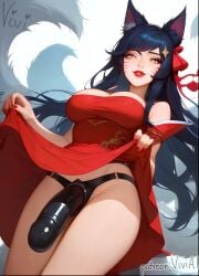 1girls ahri ai_generated black_dildo dildo dress dress_lift female femdom fox fox_ears fox_girl fox_tail golden_eyes league_of_legends looking_at_viewer looking_down red_dress red_nails riot_games seductive_look smile smirk strap-on strap-on_under_skirt strapon tagme taker_pov thick_penis viviai yellow_eyes