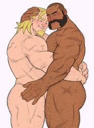 affection balderich_von_adler bara baradok beard blizzard_entertainment blonde_hair blush body_hair brown_hair closed_eyes cuddling cute dark-skinned_male facial_hair gay goatee hand_on_head hugging light_skin long_hair male male_only muscular mutton_chops overwatch reinhardt scar sideburns smile tan_skin thick_thighs wholesome yaoi