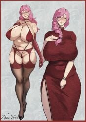 1girls absurd_res breasts clothed clothing earrings female female_only footwear hi_res huge_breasts legwear long_hair looking_at_viewer lulu95402099 mature mature_female mature_woman milf original pink_hair solo solo_female stockings thick_thighs thighhighs wide_hips