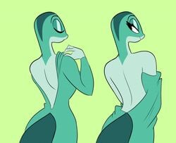 2019 2d anthro clothed clothing cross_country_cartoons cross_country_detours eyelashes female half-closed_eyes herny lizard looking_back reptile rita_skopt scalie scalie_female scalie_only simple_background smile tex_avery undressing warner_brothers