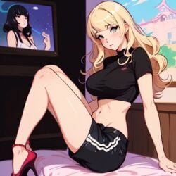 ai_generated big_breasts black_clothing blonde_hair crop_top curly_hair looking_at_viewer mythrafan65 original original_character side_view sideboob sitting_on_bed stacy_(mythrafan)