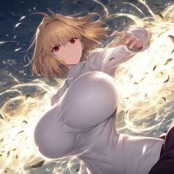 1girls ahoge ai_generated alternate_breast_size arcueid_brunestud big_breasts blonde_hair breasts breasts_bigger_than_head clothed clothed_female fighting_stance huge_breasts large_boobs large_breasts looking_at_viewer melty_blood pose red_eyes short_hair sweater top_heavy tsukihime vampire vampire_girl