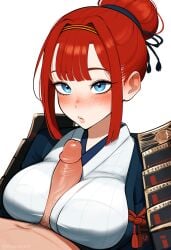 1boy 1girls :< ai_generated armor bangs blue_eyes blush cfnm eyelashes female freckles hair_bun japanese_clothes large_breasts looking_at_viewer naughty_face paizuri paizuri_under_clothes pout pursed_lips red_hair sidelocks simple_background viriai