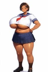 ai_generated belly belly_button big_breasts black_hair breasts breasts_bigger_than_head collarbone dark-skinned_female dark_skin female gigantic_breasts huge_breasts human major_chichisky massive_breasts original revealing_clothes school_uniform schoolgirl schoolgirl_uniform serafuku solo sweat sweaty thick_thighs underboob