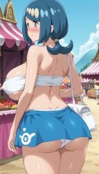 1girls ai_generated ass big_ass big_breasts blue_eyes blue_hair blue_skirt blush breasts freckles hair_ornament lana's_mother_(pokemon) lemonjing mature_female milf nintendo pokemon pokemon_sm short_skirt skirt tied_hair underwear