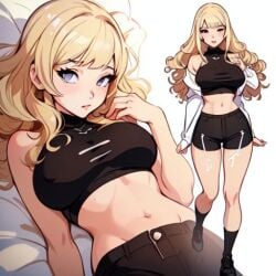 ai_generated big_breasts black_clothing blonde_hair crop_top curly_hair happy horny laying_down laying_on_back laying_on_bed looking_at_viewer multiple_views mythrafan65 original original_character stacy_(mythrafan) standing