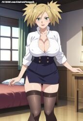 ai_generated aindroidparanoid big_breasts blonde_hair boruto:_naruto_next_generations breasts buns cleavage female female_only green_eyes huge_breasts indoors large_breasts lips lipstick mature mature_female mature_woman milf miniskirt mommy narrow_waist naruto naruto_(classic) naruto_(series) ninja nipples office office_lady parted_lips shirt short_hair skirt slim_waist spiked_hair stable_diffusion taller_girl temari