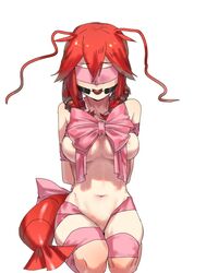 arms_behind_back ball_gag blindfold bondage bound bound_arms bound_legs breasts female femsub funamusea gag gagged kneeling large_breasts lobco lobster nude red_ball_gag red_hair ribbon solo tied tied_up wadanohara_and_the_great_blue_sea