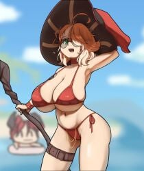 armpit beach bikini bikini_bottom bikini_top blonde_hair curvy_figure female female_only garterbelt glasses green_eyes hand_behind_head huge_breasts large_breasts mage_hat magic_staff navel neckwear open_mouth pose sakanadaze solo solo_female staff