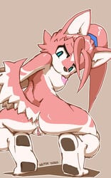 anthro anus ass blue_eyes breasts canid canine crouching female fox fur hair kaitou kemono looking_back mammal nipples pink_fur pink_hair ponytail pussy raised_tail rel simple_background solo