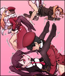 3boys 3girls ass black_footwear black_jacket black_legwear black_skirt blazer blonde_hair blue_eyes blush boots clothed_sex commander_(girls'_frontline) doggy_style embrace erect_nipples female from_behind fur_hat girls'_frontline gloves half_updo hat highres hood hooded_jacket hug hugging jacket leg_lock long_hair maggea22 male mating_press medium_breasts mosin-nagant_(girls'_frontline) multiple_boys multiple_girls necktie open_mouth pantyhose purple_hair red_eyes red_neckwear scar sex shirt skirt skirt_lift spread_legs standing standing_sex sweat torn_clothes torn_legwear ump9_(girls'_frontline) upright_straddle ushanka vaginal_penetration wa2000_(girls'_frontline) white_shirt