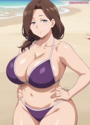 1girl ai-chan's_mother_(tawawa) ai_generated beach bikini blue_eyes brown_hair cleavage female getsuyoubi_no_tawawa huge_breasts large_breasts legs mature_female milf mother navel ocean sand scrunchie seductive smile solo stable_diffusion sunset swimsuit thick_thighs vizagege wide_hips